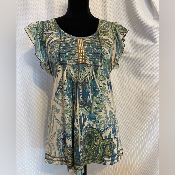 One World Large Paisley Print Butterfly Sleeve Blouse Size Small - Picture 2 of 9
